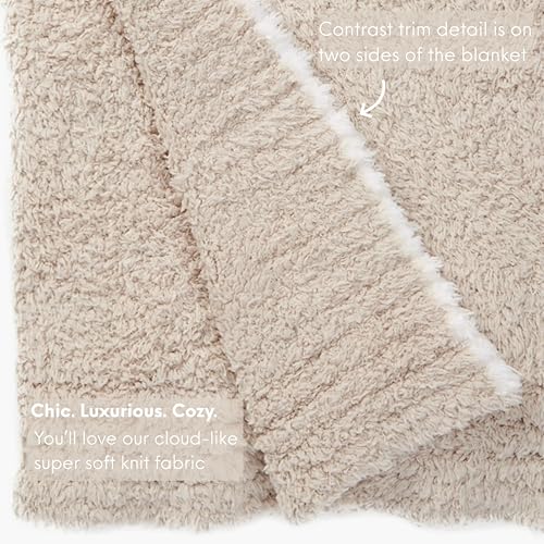 Contrast Trim Sand Stone & White Accent Tip Chic Throw Blanket Couch, Reversible Super Soft Knitted Blankets, Warm Knit Fuzzy Cozy Dreams Plush Lightweight Throws Dupes Sofa Bed 50" x 60"