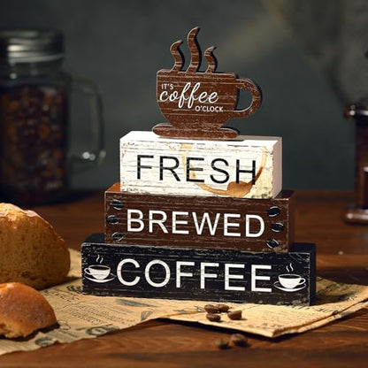Geelin 4 Pcs Coffee Bar Decor Wooden Table Coffee Signs Blocks - style: Coffee