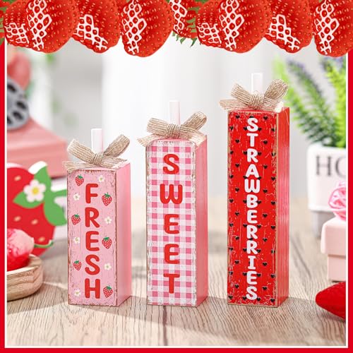 MiniInflat 3 Pcs Summer Strawberries Table Decor, Fruit Wooden Block Sign - style: Strawberries