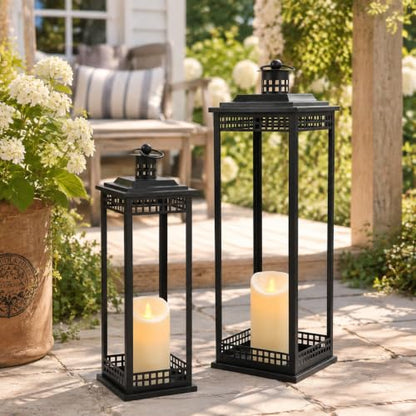 Large Lanterns Decorative Indoor, 2 Pcs Black Floor Lanterns with Candles - size: 23in and 17in
