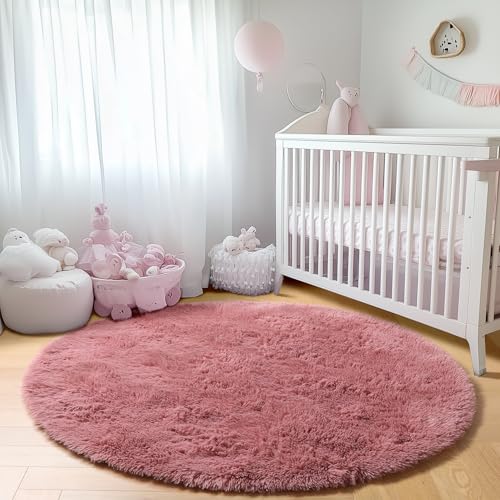 Blush Fluffy Round Rug Circle Area Rugs 4ft for Kids Girls Teen Bedroom - color: Blush, size: 4' (Round)