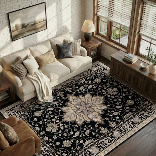 RELEANY Washable Area Rug, 5'x7', Black/Neutral - color: Black/Neutral, size: 5' x 7' (Rectangular)