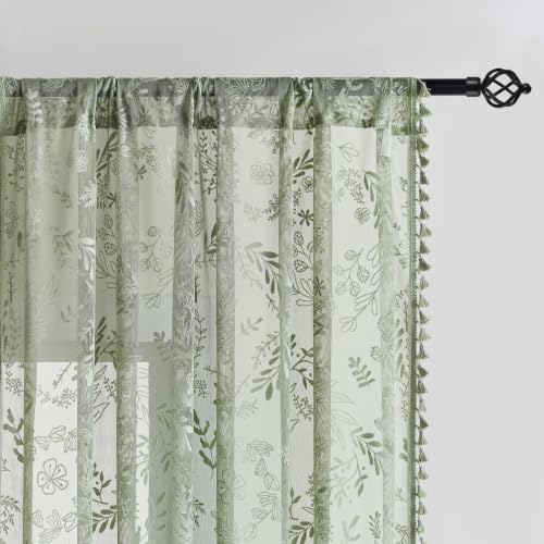 Kotile Sage Green Sheer Curtains 54 Inch Length, Boho Lace Kitchen Panels - color: Sage Green, size: 52"W x 54"L (Pack of 2)