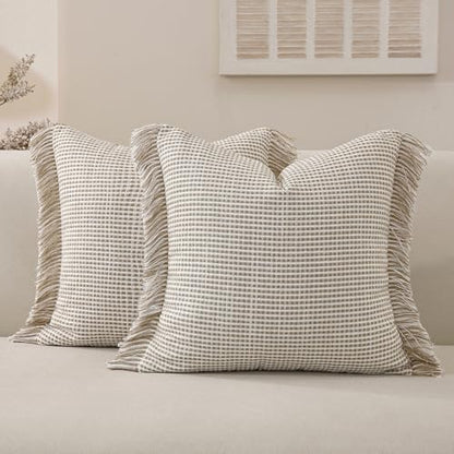 Handmade Tassel Boho Striped Fringe Pillow Covers Set of 2-20x20 Inch - color: Khaki, size: 20" x 20" (Pack of 2)