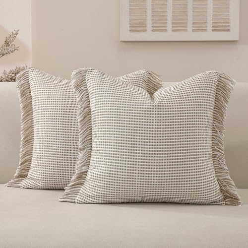 Handmade Tassel Boho Striped Fringe Pillow Covers Set of 2-20x20 Inch - color: Khaki, size: 20" x 20" (Pack of 2)