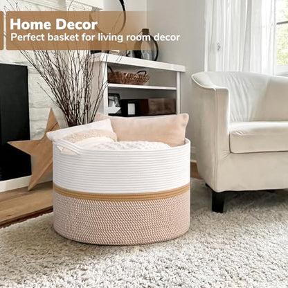 CHICVITA XXL Cotton Rope Woven Blanket Basket with Handles, White & Brown - color: White and Brown