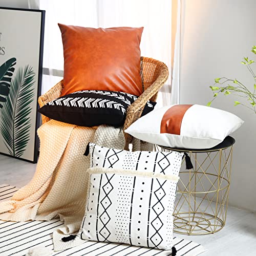 GALMAXS7 Boho Throw Pillow Covers 20 x 20 Set of 4,Faux Leather Throw Pillow Covers,Modern Farmhouse Decorative Pillow Cover Sets for Living Room Couch Sofa Bed,Black and White Pillow Covers