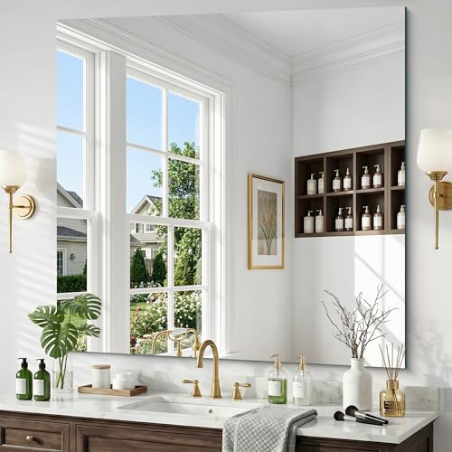 42x42 Inch Frameless Mirror, Frameless Bathroom Mirrors for Over Sink, Home Gym Mirror, Large Rectangle Wall Mirror, Upgraded Shatterproof Wall Mount Square for Living Room Bedroom Bathroom - color: Frameless, size: 42"L x 42"W