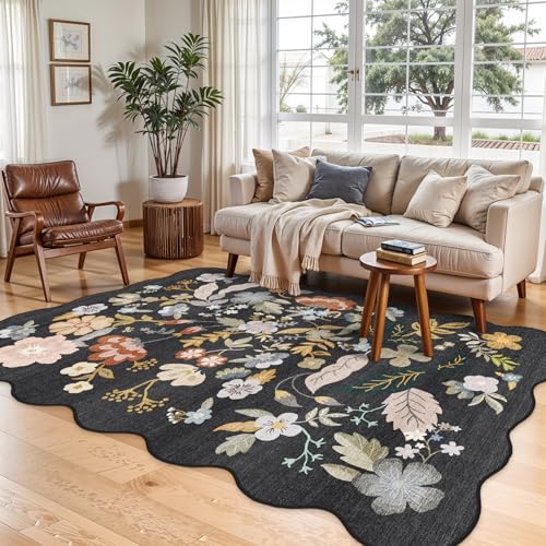 Scalloped Area Rugs 5x7: Non-Slip Washable Living Room Rug Black - color: Black, size: 5' x 7' (Rectangular)