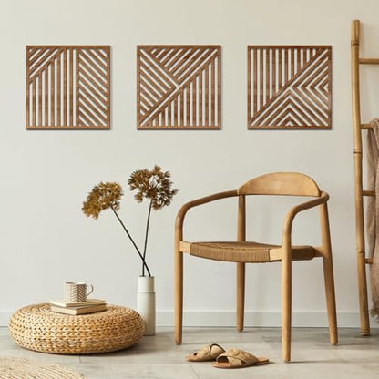 Bnesi 3 Piece Abstract Geometric Wood Wall Art Decor Modern Boho Minimalist Slatted Design Wall Sculpture Art Decor for Living Room Bedroom Home Bathroom (Classic, Medium) - style: Classic