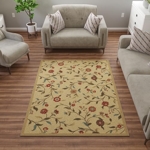 Ottomanson 5x7 Area Rugs for Living Room – Stain Resistant Bedroom Rug - color: Floral Beige