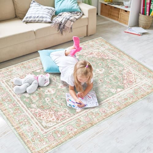 Vhong Washable Area Rugs Boho Vintage Modern Neutral Small Carpet Green and Pink High Traffic Rugs 3×5 for Dinning Room Living Room Bedroom Farmhouse Non Slip - color: Green/Pink, size: 3' x 5' (Rectangular)
