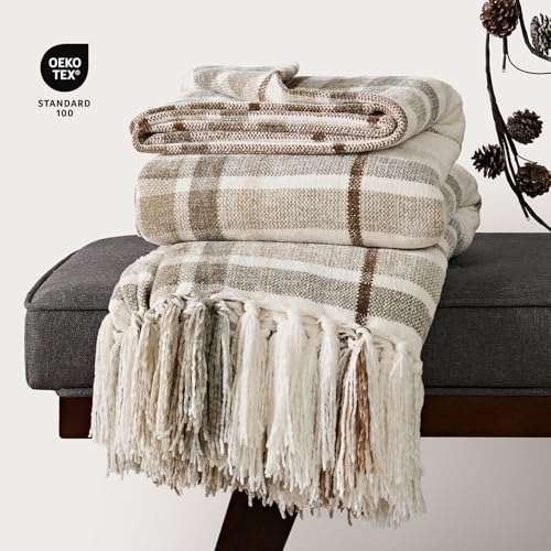 EverGrace Plaid Chenille Queen Blanket for Bed, 90"x90", Beige - color: Plaid Beige & White, size: 90"x90"
