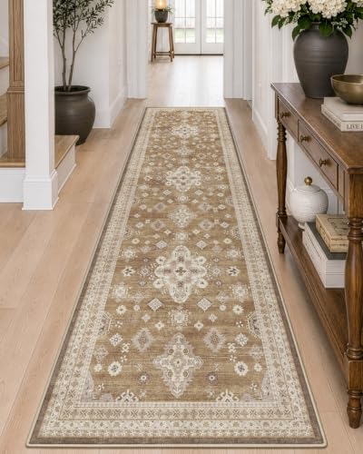 DEXI Hallway Runner Rug Non Slip Washable 3x12, Vintage Floral, Light Brown - color: Light Brown, size: 3' x 12' (Runner)