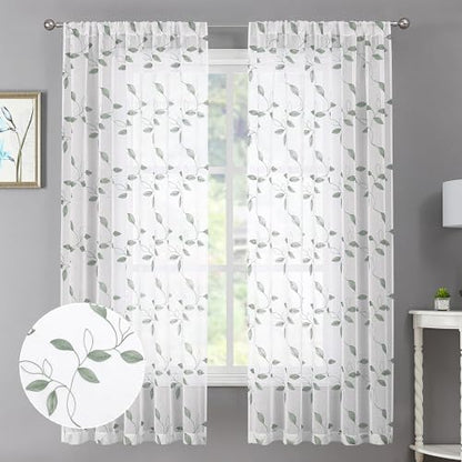 Tollpiz Sage Green Leaf Sheer Curtain Bedroom Short 38 x 45 Inches - color: Sage Green, size: 38"W x 45"L (Pack of 2)