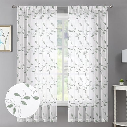 Tollpiz Sage Green Leaf Sheer Curtain Bedroom Short 38 x 45 Inches - color: Sage Green, size: 38"W x 45"L (Pack of 2)