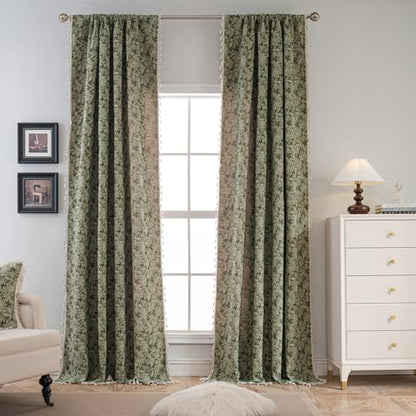 ENJOYBRIDAL Green Leaf 63 Inch Curtains 2 Panel Set Farmhouse Short Drapes Semi Sheer Rod Pocket Bedroom Rustic Window Curtain Panels Living Room Boho Aesthetic Country Tassel Window Treatments - color: B Jacquard Green Leaves, size: 52"W x 63"L (Pack of