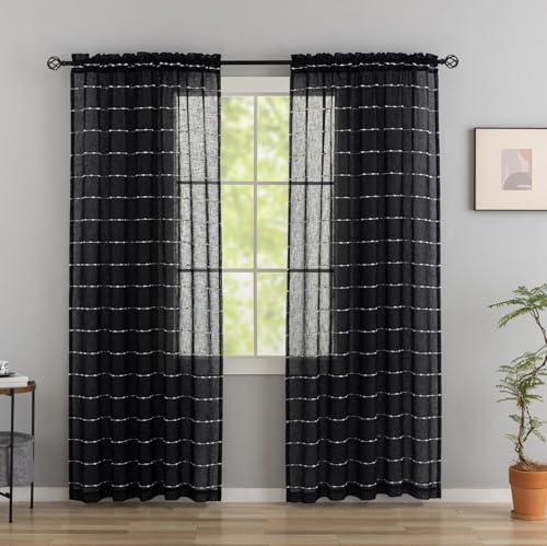 Black Sheer Curtains 72 Inch Faux Linen Boho Striped 2 Panels - color: Black, size: 52"W x 72"L (Pack of 2)