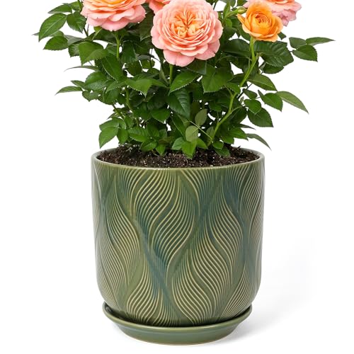 7.2 Inch Modern Ceramic Glaze Plant Pot with Drainage Hole,Mesh Net,Saucer,Indoor Outdoor Planter(Leaf-Green) - color: Leaf-green