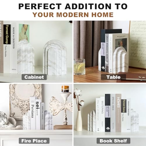 Natural Marble Book Ends - Heavy Duty Bookends for Shelves - Aesthetic Layered Arch Design Stone Book Holders, Modern Office Bookshelf Stopper Decor for Books/CDs (Volakas) - style: Arched-Volakas