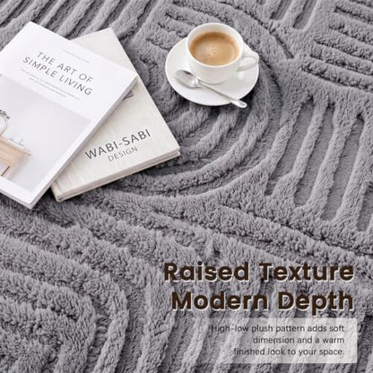Etwel 6x9 Dark Gray Geometric Textured High-Low Pile Washable Area Rug - color: Dark Gray, size: 6' x 9'