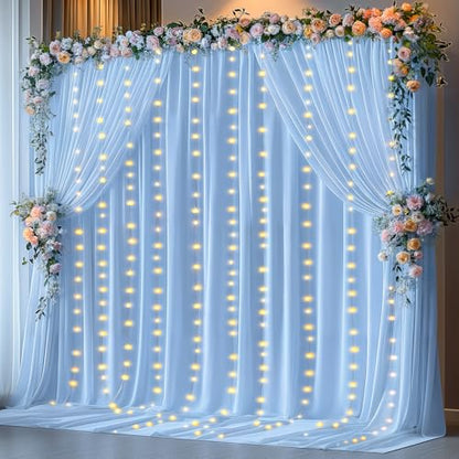 20 x 10ft Baby Blue Backdrop Curtains with Lights String - color: Baby Blue, size: W5' x H10'(4 panels)