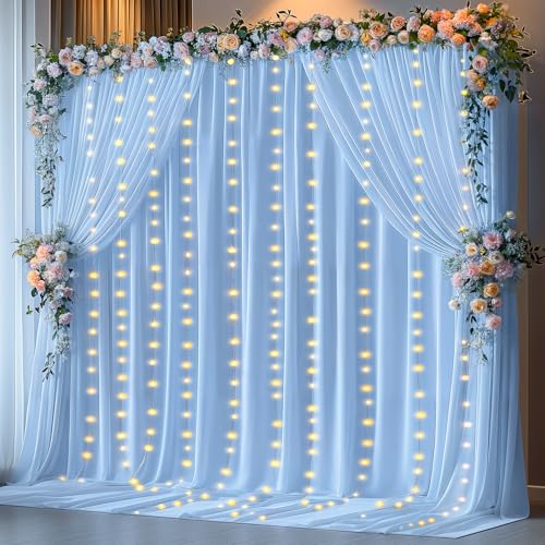 20 x 10ft Baby Blue Backdrop Curtains with Lights String - color: Baby Blue, size: W5' x H10'(4 panels)