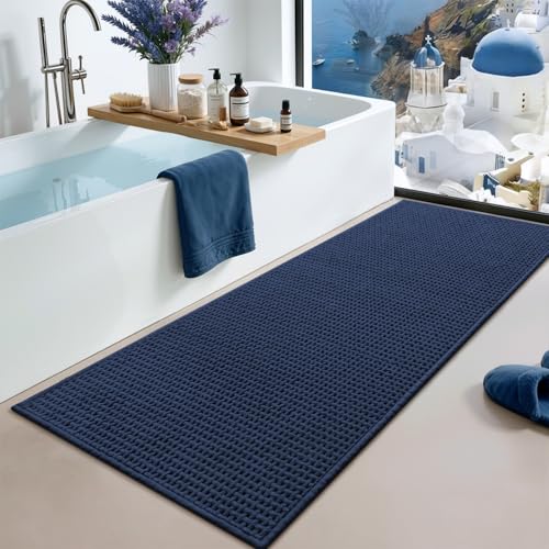 Color&Geometry Dark Blue 60x24 Waffle Bath Mat, Non Slip Bathroom Rug - color: Dark Blue, size: 24"x60"