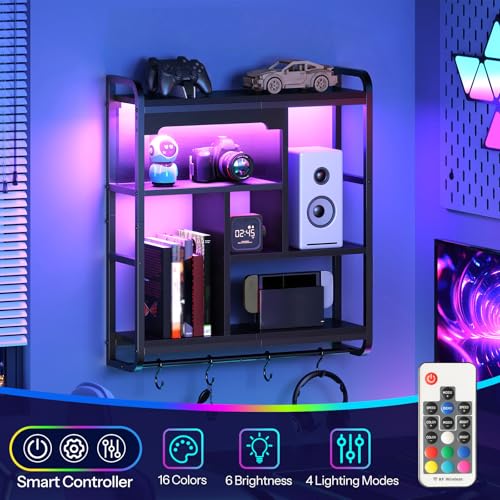 HOOBRO Gaming Floating Shelves for Wall, 26.4" LED Wall Shelf Display Rack - color: Black