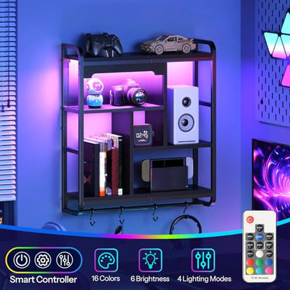HOOBRO Gaming Floating Shelves for Wall, 26.4" LED Wall Shelf Display Rack - color: Black