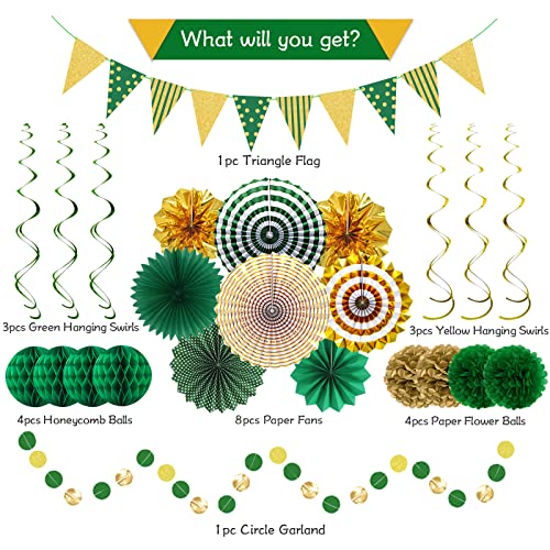 24 Pcs Green Gold Party Decorations, Paper Fans Banner and Swirls - color: Green