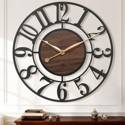 30 Inch Black Arabic Numeral Large Wall Clock with Walnut Dial - color: Brown, size: 30 Inch