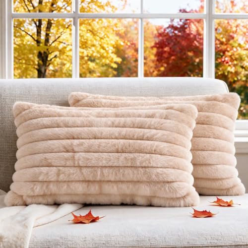 Set of 2 Decorative Throw Pillow Covers 20x12, Fall Faux Fur Apricot - color: Apricot, size: 20" x 12" (Pack of 2)