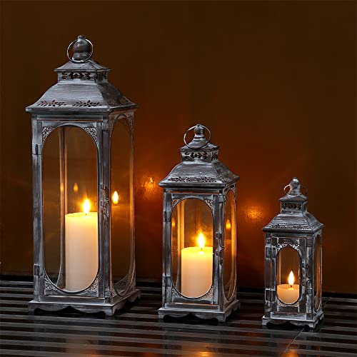 TRIROCKS Set of 3 Vintage Candle Lanterns 10/14/19.5''H Decorative Outdoor Lantern Metal Candle Holder with Tempered Glass for Home Living Room Garden Yard Parties Event Indoors Outdoors (Cement Grey) - color: Gray, size: Set of 3 (Small/Medium/Large)