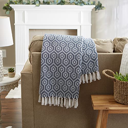 DII Modern Cotton Geometric Blanket Throw with Fringe for Chair, Couch, Picnic, Camping, Beach, & Keep Cozy with Everyday Use, 50x60, French Blue - color: French Blue, size: 50x60"