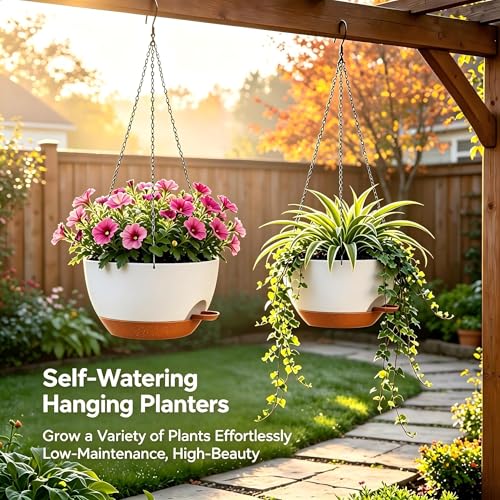 2 Pack 12 Inch Self‑Watering Hanging Planters Plant Pots, White‑Brown - color: White Brown