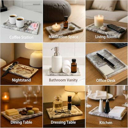 White Marble Vanity Tray – 10.63"x5.91" Rectangular Natural Stone Organizer for Bathroom Perfume Makeup Jewelry Dresser Entryway - color: Rectangular Plum Blossom White