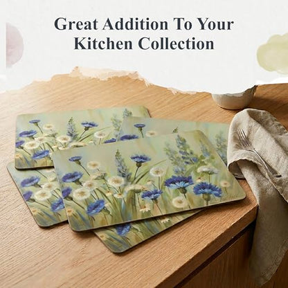 Pimpernel Fleurs des Champs Collection Placemat Set – (15.7" x 11.7") Cork-Backed Table Mats with Blue & White Cornflower Pattern, Heat & Stain Resistant with Lacquered Finish, Decorative Dining - size: 15.7" x 11.7" Rectangular, style: Fleur Des Champs