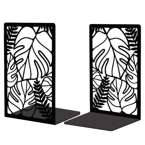 Peacoblue 5.3"x4.3"x7.9" Metal Bookends, Heavy Duty Book Ends for Shelves - color: Tropical Monstera Deliciosa Leaves