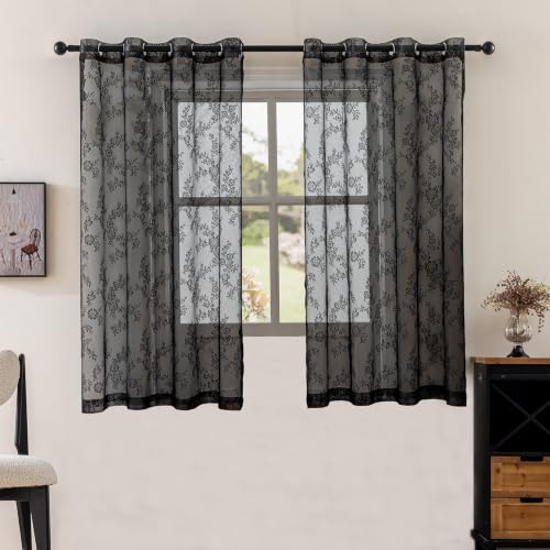 Anytime Black Lace Sheer Curtain Panels for Living Room Elegant Window Treatment Sets Light Filtering Translucent Draperies for Office (2 Panels,W55 x L54 inch) - color: Black, size: 55"W x 54"L (Pack of 2)