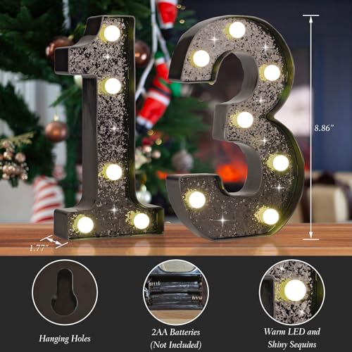 Black Glitter LED Marquee Number 13, Warm White Light Decor Sign - size: Number-13