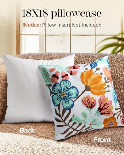 Embroidered Throw Pillow Cover, 18x18 Inch, Boho Floral - color: Elegant Flowers, size: 18" x 18" (Pack of 1)
