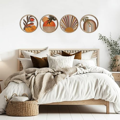 Qunclay 4 Pcs Boho Wall Art Bohemian Wood Round Circle Wall Decor Stylish - style: Stylish
