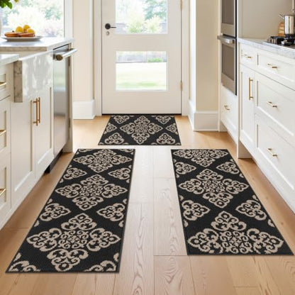 U'Artlines 3-Piece Kitchen Rug Set Damask Medallion Floor Mats - color: Damask Black