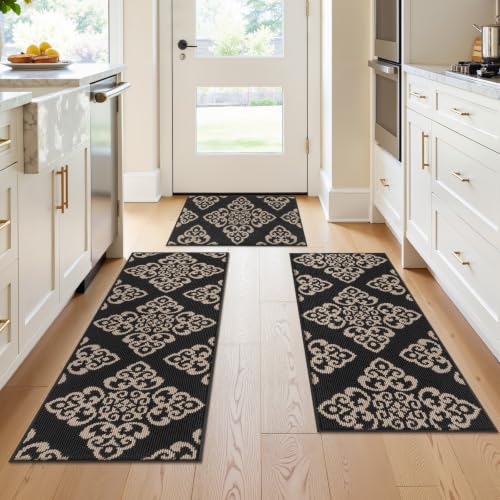 U'Artlines 3-Piece Kitchen Rug Set Damask Medallion Floor Mats - color: Damask Black
