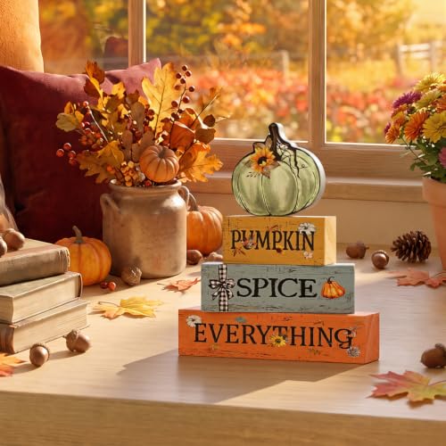 Smile Fall Wooden Decor Signs Teal Pumpkin Plaque PUMPKIN SPICE EVERYTHING Tiered Tray Tabletop Signs for Autumn Harvest Thanksgiving Home Decor - style: Pumpkin Spice