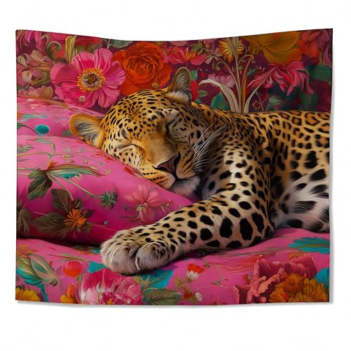 WDSFHYJK Funky Pink Floral Sleeping Leopard Tapestry Wall Hanging, Maximalist Eclectic Jungle Animal Wall Tapestry Backdrop for Bedroom Living Room Home Decor, 50x60 Inch - color: Many colors-Pink Floral Sleeping Leopard