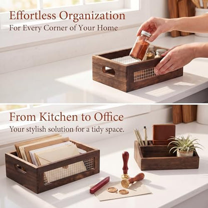 Dicunoy Set of 2 Rustic Nesting Boxes, Wooden Organizer Crates Basket, Small Decorative Wood Wire Containers with Handle for Countertop, Fruit, Veggies, Kitchen, Bathroom, Pantry Storage, Gift Basket