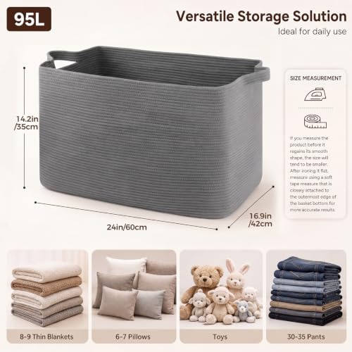OIASKET 95L Extra Large Blanket Basket, 24" x 16.9" x 14.2" Woven Basket - color: Grey, size: 24"x16.9"x14.2"
