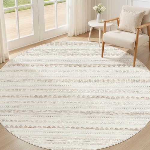 Nakagishi Round Rug Boho Area Rugs: 5x5 Washable Large Circle Neutral Soft Stain Resistant Non-Slip Carpet for Women Aged 25-45 Farmhouse Decor Enthusiasts - Living Room Bedroom Dining Room Nursery - color: Beige Brown, size: 5' X 5' (Round)